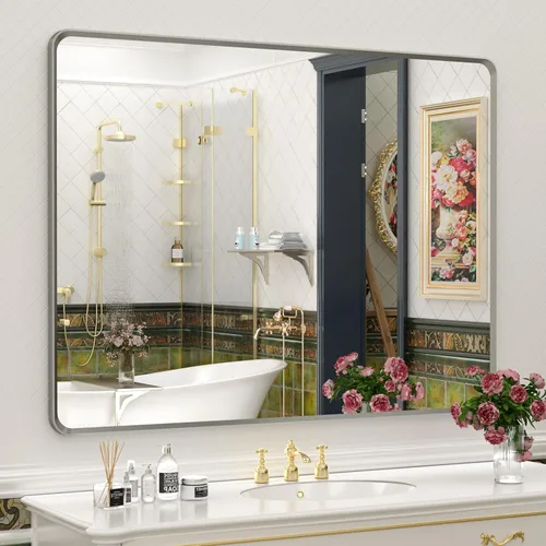 Vista 68 de OKPAL Espejo de Baño con Marco de Metal Negro de 40 x 36 Pulgadas para Pared, Espejo de Tocador de Baño Negro Mate, Espejo Rectangular Redondeado