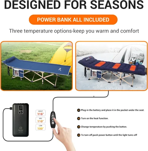 Vista 3 de Nice C Cuna climatizada con batería, catres de camping con cojín y calefacción, catres plegables con colchón para adultos, con almohada, bolsa