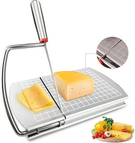 Cortador de queso para bloque de queso, cortador multifuncional de acero inoxidable con cuchilla, tablero cortador de queso con escala de tamaño