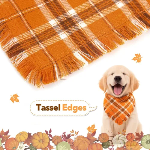 Vista 4 de Kytely Bandana de otoño para perro, paquete de 2 unidades de bandanas de Halloween para perro de Acción de Gracias, bufanda naranja a cuadros