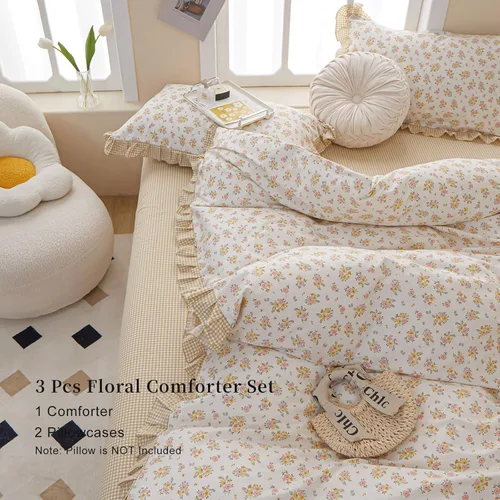 Vista 4 de EAVD Juego de edredón floral con volantes estilo jardín francés Full microfibra suave y esponjosa elegante shabby chic juego de ropa de cama floral