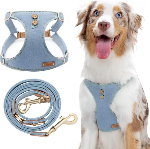 Vista 7 de Arnés sin tirones para perro, con correa multifunción, pechera suave y ajustable para mascota, no ahorca, chaleco a prueba de escape, azul vaquero