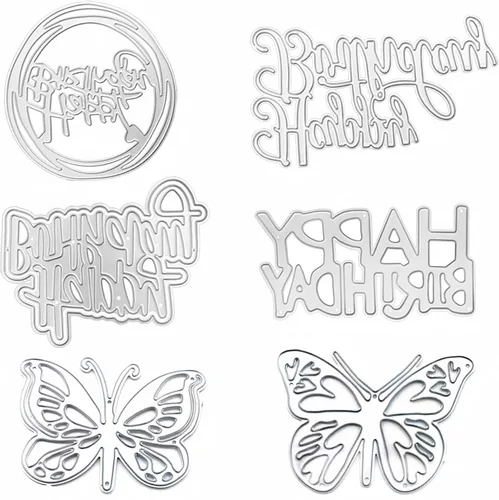 Paquete de 6 troqueles para hacer tarjetas, feliz cumpleaños y formas de mariposa, acero al carbono, troqueles para hacer tarjetas