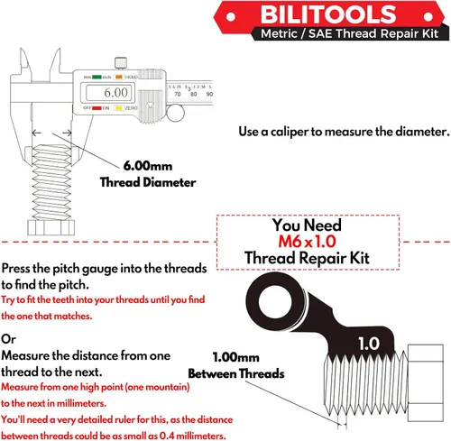 Vista 6 de BILITOOLS M8x1.25 Kit de reparación de rosca, HSS Drill Helicoil Kit de reparación métrica