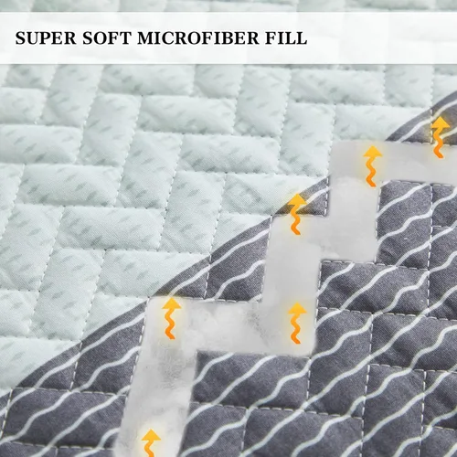 Vista 3 de Flysheep - Juego de edredón estilo bohemio a rayas tamaño individual para niños, 2 piezas de colcha reversible verde gris y blanco, edredón