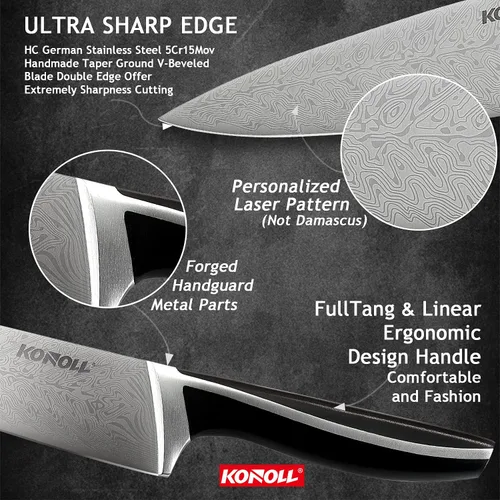 Vista 5 de KONOLL Cuchillo de chef profesional de 8 pulgadas, cuchillo de cocina alemán de acero inoxidable de alto carbono, cuchillos para carne y verduras