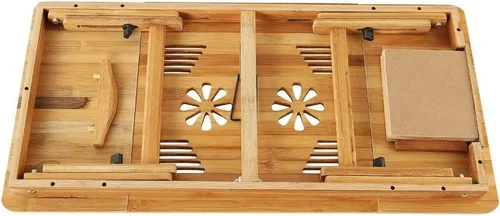 Vista 6 de Escritorio de regazo de bambú, escritorio plegable para laptop, bandeja de cama ajustable en altura para laptop, bandeja de cama para servir, mesa