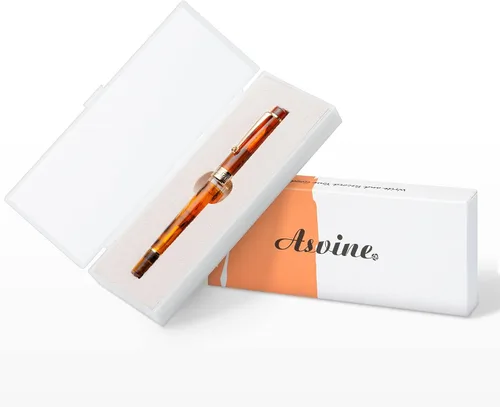 Vista 6 de Asvine P20 - Pluma estilográfica de pistón de resina ámbar, punta media de iridio, bordes dorados, colección Smooth Writer con estuche