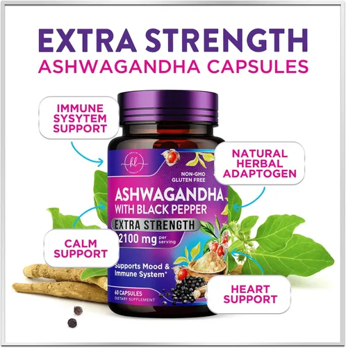 Vista 5 de Suplementos de Ashwagandha para mujeres, absorción máxima con extracto de pimienta negra, cápsulas de Ashwagandha extra fuertes con polvo vegetal
