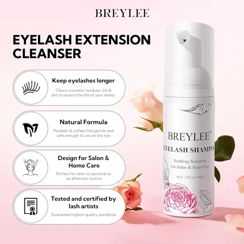 Vista 2 de BREYLEE Champú para extensiones de pestañas, 2.0 fl oz+botella de enjuague + cepillos, limpiador de extensiones de pestañas, baño de lavado