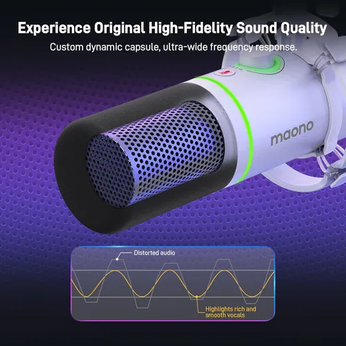 Vista 2 de MAONO Kit de micrófono dinámico XLR/USB, micrófono de podcast RGB con software, silencio, perilla de ganancia, control de volumen, brazo de brazo