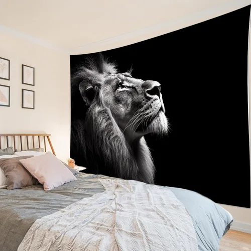 Vista 5 de LB Tapiz de león de animales salvajes, león africano, blanco y negro, gris, para colgar en la pared, dormitorio, sala de estar, dormitorio, arte
