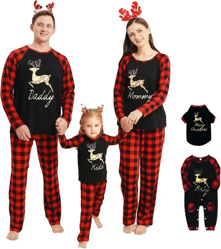 Camidy Family Matching Outfits Christmas Pajamas Set Reindeer Striped Xmas Sleepwear Homewear PJ for Pet Baby Kids Mom Dad