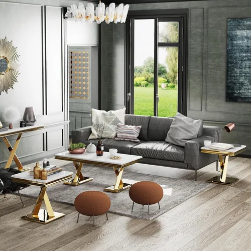 Vista 5 de Juego de 2 mesas auxiliares doradas, mesa auxiliar cuadrada blanca moderna con base en X de metal pulido dorado, elegante mesa decorativa