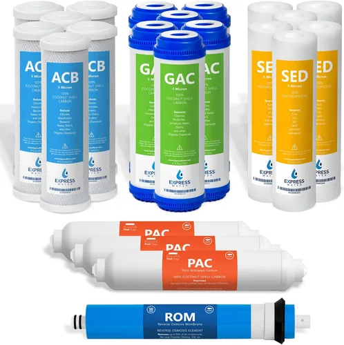 Express Water Juego de filtros de reemplazo del sistema de ósmosis inversa de 3 años - 22 filtros con membrana RO de 50 GPD, GAC de carbono, filtros