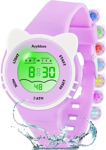 Vista 8 de Relojes digitales analógicos para niñas y niños, relojes de pulsera impermeables con 7 luces de colores, lindos relojes con alarma y cronómetro