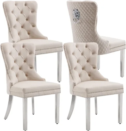 Vista 13 de KCC Juego de 2 sillas de comedor tapizadas de terciopelo, modernas sillas capitoné con botones con anillo de cabeza de león y patas de acero