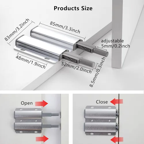 Vista 4 de Pestillo de puerta de doble empuje para abrir, paquete de 2 cierres magnéticos, adhesivo resistente al tacto para empujar para abrir, cierre