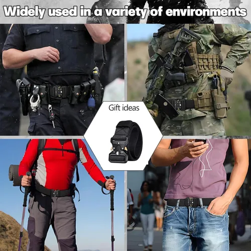 Vista 2 de Cinturón táctico para hombre, estilo militar, malla de nailon militar negro con hebilla de liberación rápida, resistente, ideal para el trabajo