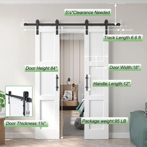Vista 8 de Puerta de granero doble de 18x84 pulgadas blanca de Fredbeck con kit de herraje de puerta de granero de 6.6 pies incluido, con MDF y madera