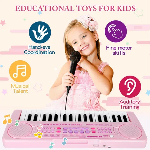Vista 6 de Teclado de piano para niños, teclado de 37 teclas, juguetes musicales con micrófono, altavoz dual, juguetes de piano, regalos de cumpleaños