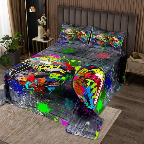 Erosebridal Graffiti Rugby Ball Quilt Set Twin Colorful Rugby Helmet Coverlet Set,Sports Bedspreads Football Game Bedding Sets Bedroom Decor
