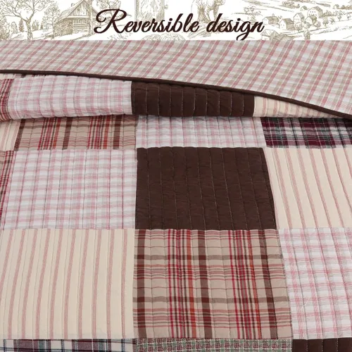Vista 3 de Cozy Line Home Fashions Juego de ropa de cama de algodón a rayas de color marrón, colcha reversible, colcha