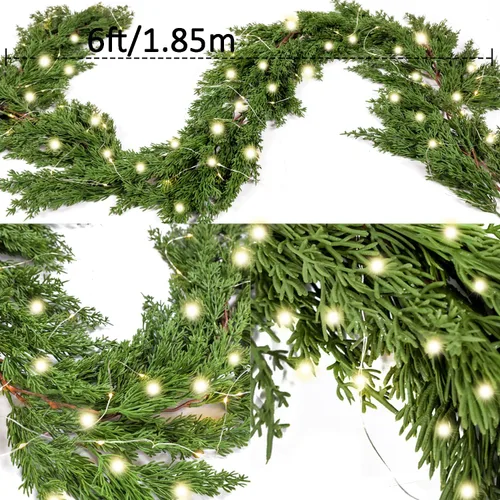 Vista 2 de Guirnalda de Navidad artificial de PARTY JOY de 6 pies con cadena de luces LED, guirnalda de ciprés de aguja de pino para decoración de vacaciones