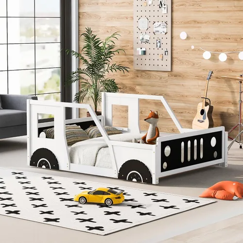 SOFTSEA Cama Montessori de tamaño matrimonial con valla y puerta, plataforma de madera con ruedas para niños y niñas, soporte de listones de madera