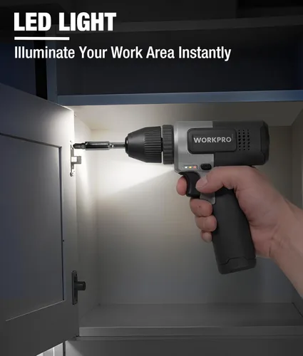 Vista 6 de WORKPRO Juego de taladro inalámbrico de 8 V, taladro eléctrico de 2 Ah con portabrocas sin llave de 3/8 pulgadas, 15 puntas, carga tipo C, LED