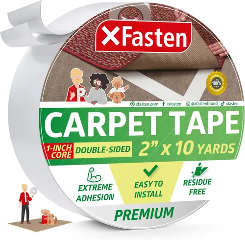 Vista 18 de XFasten Cinta adhesiva de doble cara para alfombras de área, 2 pulgadas x 10 yardas con mini cortador, cinta antideslizante de agarre resistente