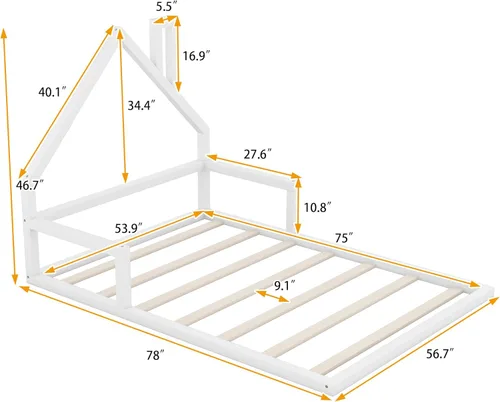 Vista 23 de P PURLOVE Base de cama de tamaño matrimonial con cabecera en forma de casa, plataforma de madera para casa, cama de tamaño matrimonial con soporte