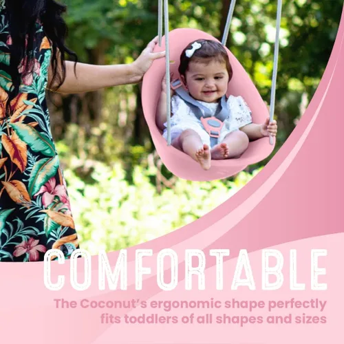 Vista 3 de Swurfer Columpio de coco para niños pequeños, cómodo columpio para bebé al aire libre, arnés de seguridad ajustable de 3 puntos, sistema de bloqueo