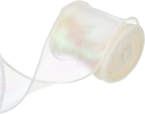Vista 83 de MECCANIXITY Cinta de Organza Transparente con Alambre Brillante de 2 3/8" de Ancho, Cintas de Gasa Iridiscente Pastel de 3 Yardas Color Beige