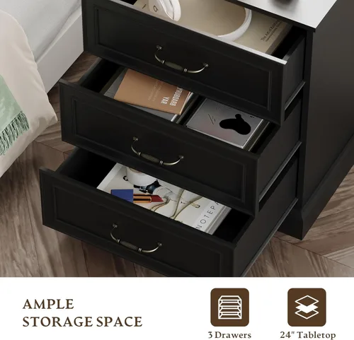 Vista 4 de Cómoda rústica de 3 cajones para dormitorio, cómoda moderna de 24 pulgadas de ancho con cajones profundos y asas de barra, mesita de noche de madera