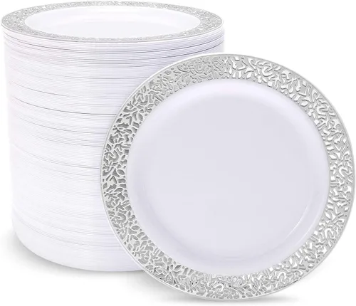 Vista 11 de supernal 100 platos de plástico blanco y dorado, elegantes platos desechables de 10 pulgadas, platos de plástico resistentes para fiestas, bodas