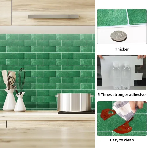 Vista 2 de Mosaicos 3D autoadhesivos para cocina, baño y tocador, 10 hojas de alta calidad, paneles decorativos impermeables (12 x 10) (verde pavo real)