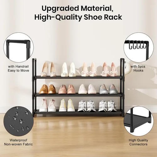 Vista 4 de Shoe Rack for Closet Shoe Organizer Space Saver Storage for 12-15 Pair Shoe Shelf with Hook Free Standing 3 Tier Shoe Rack Organizer for Entryway