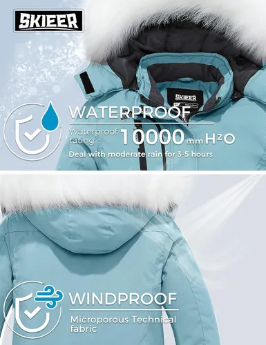 Vista 5 de Skieer Chaqueta de esquí impermeable para niña, chaqueta de invierno a prueba de viento, abrigo de lluvia con capucha