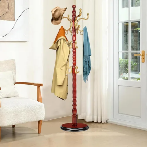 Vista 9 de Heavy Coat Rack Freestanding, Natural Wood Hall Tree, Adjustable Height 73in and Versatile 14 Hooks for Entryway, Porch, Living Room, Bedroom, Home