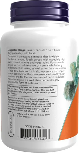 Vista 3 de NOW Foods Suplementos, Citrato de Potasio 99 mg, Apoya el equilibrio de electrolitos y pH normal*, mineral esencial, 180 cápsulas vegetales
