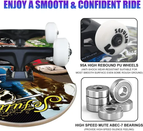 Vista 5 de Sefulim 31 x 8 Inch Complete Skateboard 7 Layer Canadian Maple Double Kick Deck Concave Cruiser Trick Skateboard for Boys Girls Teens Adults Beginner