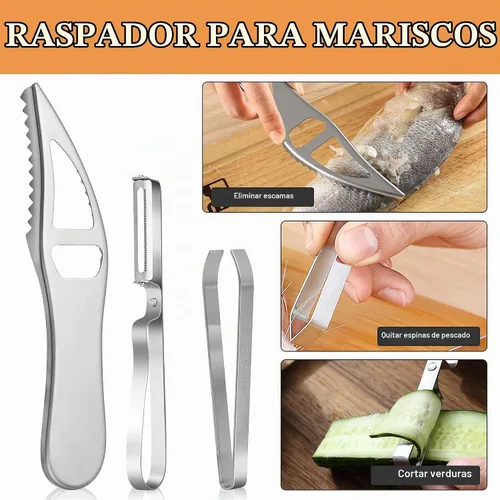 Vista 4 de 7 piezas de removedor de escamas de pescado, escalador de pescado de mano Acero y plástico de grado alimenticio 304, elimina escamas, diseño a