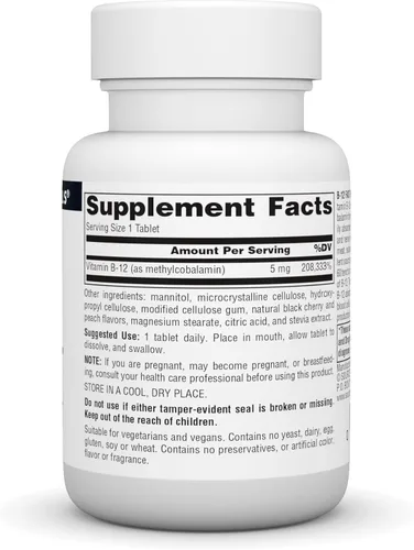 Vista 2 de Source Naturals Vitamina B-12, 5 mg apoya la producción de energía - Fórmula vegana de fusión rápida 60