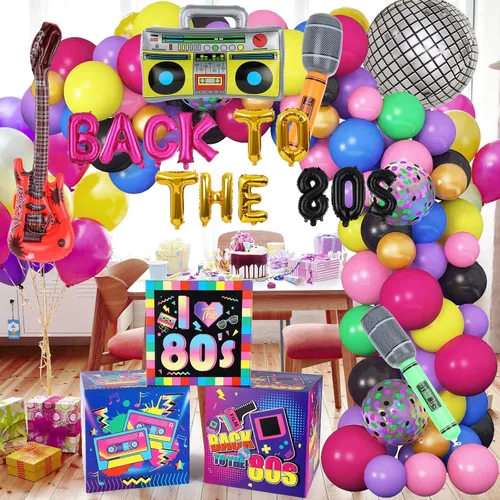 Vista 5 de 100 piezas de decoraciones de fiesta de cumpleaños de los años 80, kit de cajas de arco de guirnalda de globos de los años 80, kit de cajas