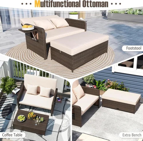 Vista 7 de LDAILY Moccha - Sofá cama para exteriores, sofá biplaza de mimbre con respaldo ajustable de 4 posiciones, otomana de almacenamiento, cojines, Beige