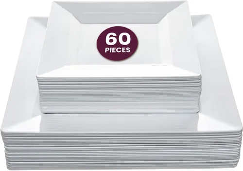 Vista 9 de Aya’s 60 Pack de Platos de Plástico para Fiesta - Juego de Platos Desechables Resistente con 30 Platos de Cena y 30 Platos de Ensalada - Platos