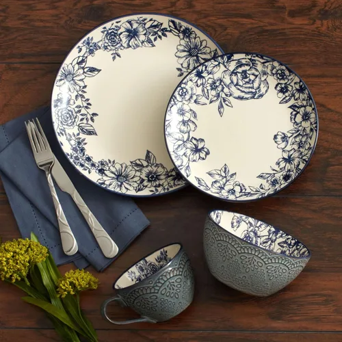 Vista 6 de Pfaltzgraff Gabriela Blue - Juego de vajilla de 16 piezas, servicio para 4, platos, tazones y tazas de gres duradero con elegante patrón azul, apto