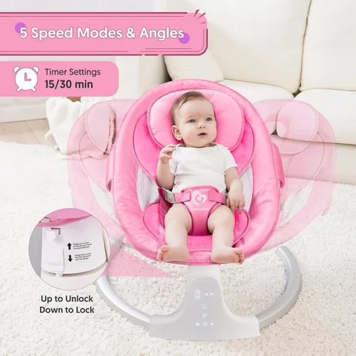 Vista 4 de Columpio de bebé con Bluetooth para bebés, compacto y portátil, color rosa, 3 posiciones de asiento, 5 velocidades de columpio, 10 música, control
