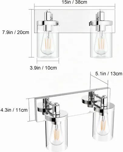 Vista 4 de Aipsun Accesorios de iluminación de tocador de baño, luz cromada, 2 luces, luz de baño de acero inoxidable con pantalla de vidrio transparente